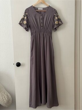 Citrus & Lemon Embroidered Sleeve Maxi Dress Small Cottagecore Boho Pockets